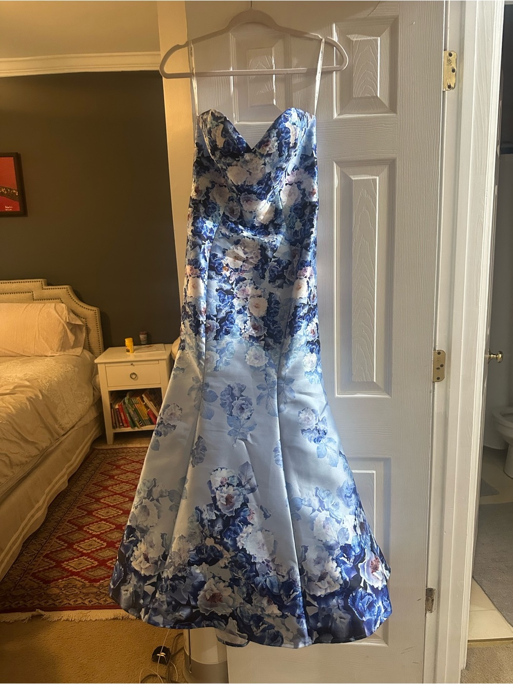 ellie wilde Blue and White Floral Strapless Mermaid Gown